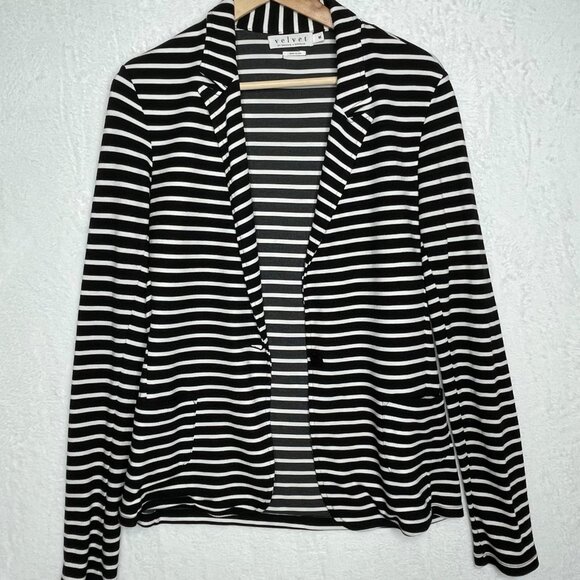 Velvet by Graham Spencer Knit Blazer Black White Stripe One Button Size M - Picture 4 of 9